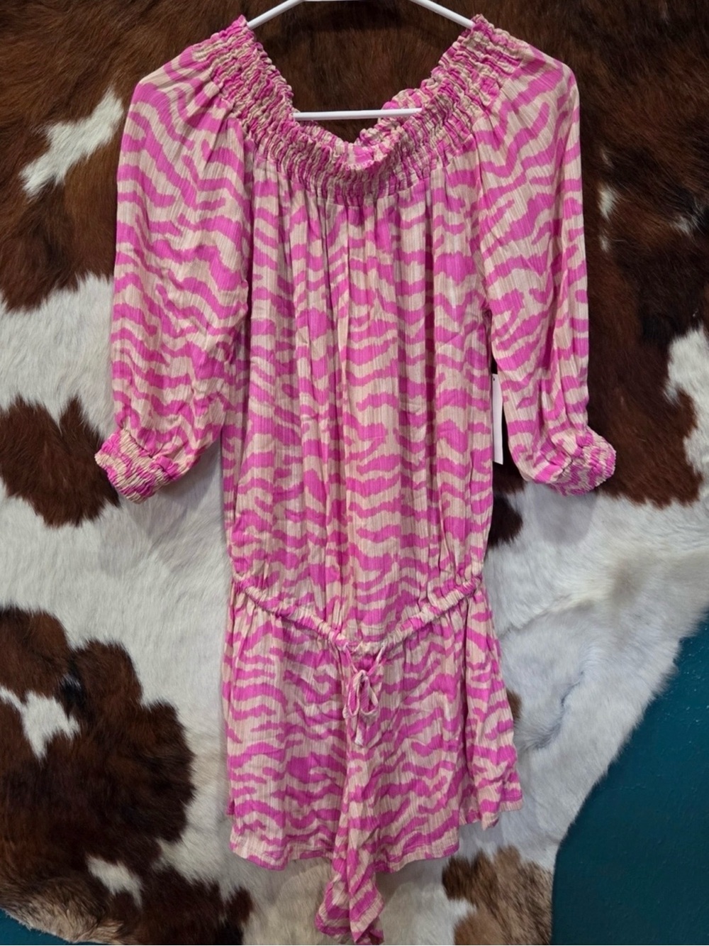 Raisins Pink and Cream Zebra Print Off-Shoulder Romper, Medium